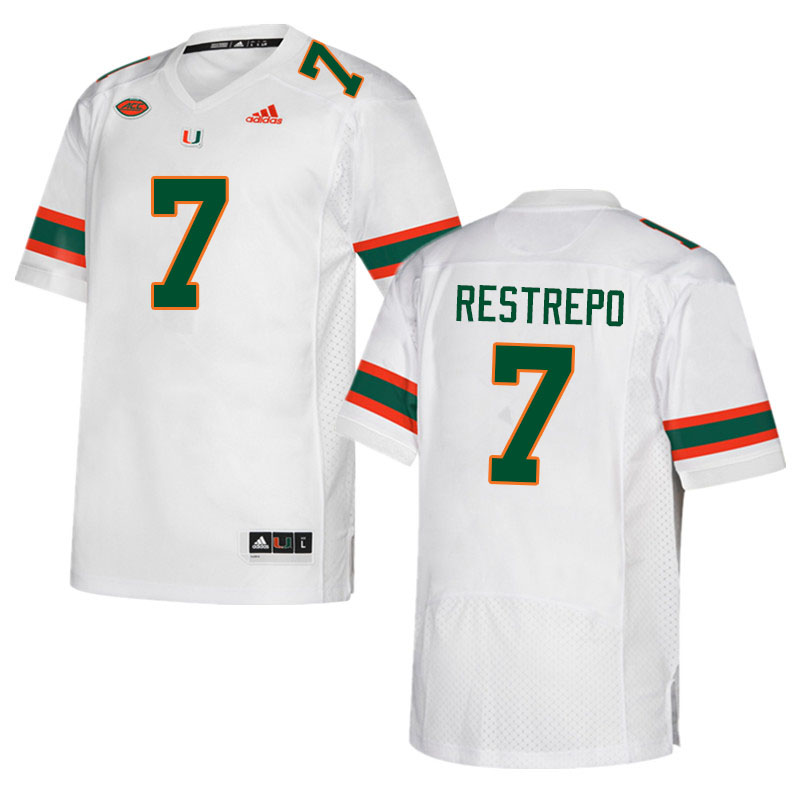 Men #7 Xavier Restrepo Miami Hurricanes College Football Jerseys Sale-White - Click Image to Close